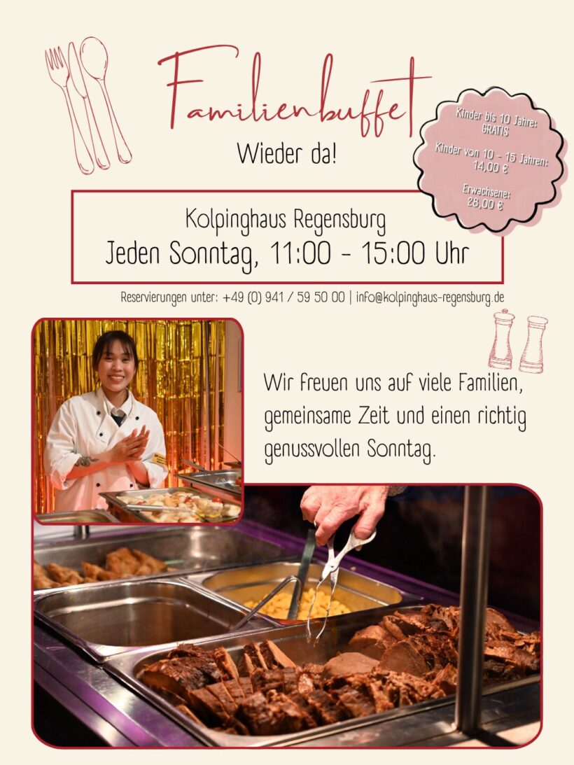 Familienbuffet Regensburg im Kolpinghaus mit warmen Speisen, Vorspeisen und Desserts