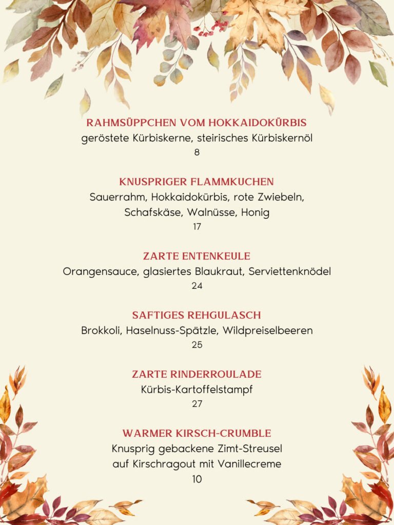 Herbstkarte St. Erhard Regensburg: Kürbissüppchen, Flammkuchen, Entenkeule, Rehgulasch, Rinderroulade, Kirsch-Crumble mit Preisen